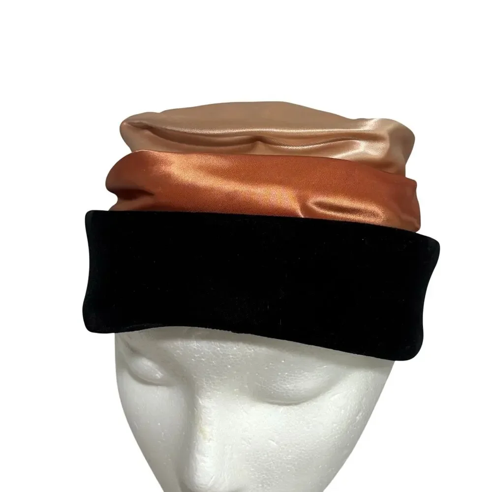 Vintage Turban Pillbox hat two toned pink blush satin & black velvet Size 22